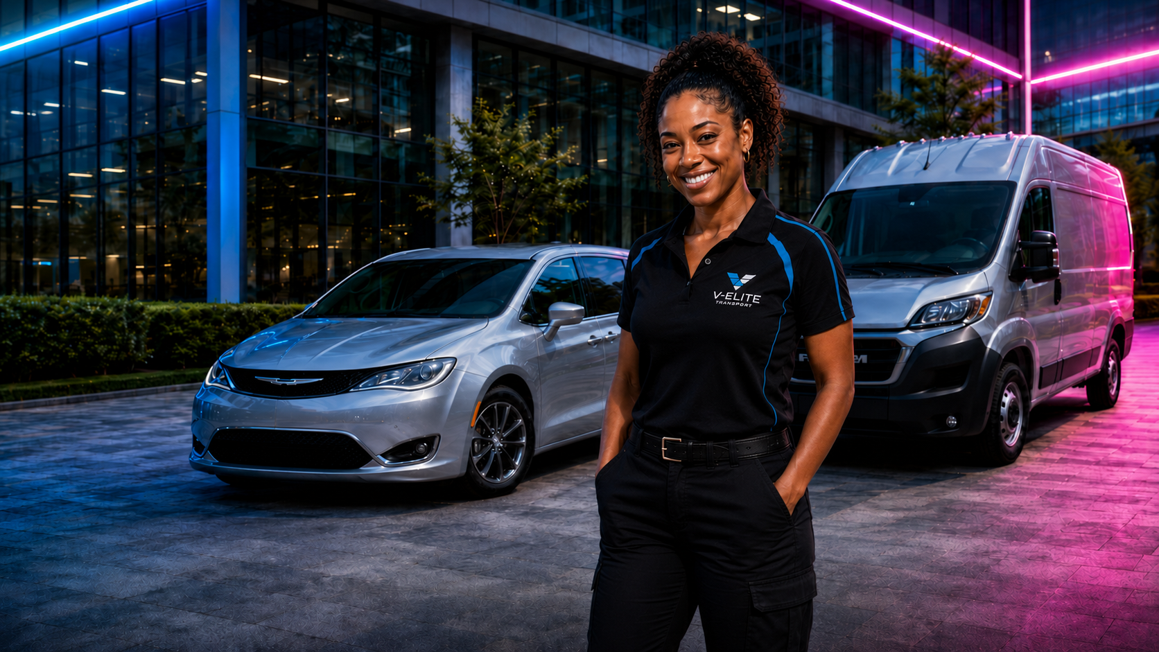 V-ELITE transport professional standing near two silver delivery vehicles